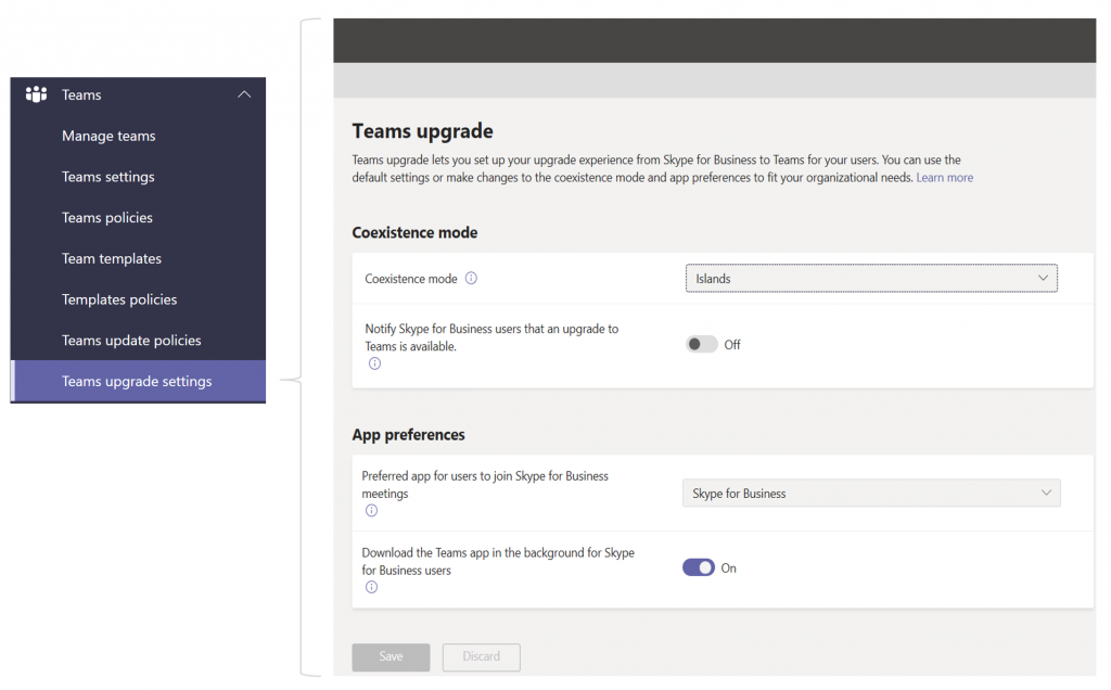 从 Teams 管理中心为所有用户设置升级选项 